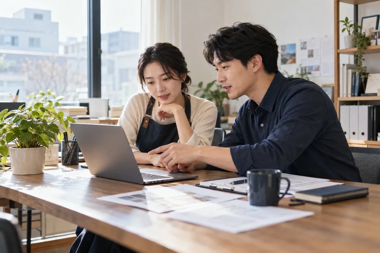 사업자와 기술 담당자가 노트북을 함께 검토하는 사진